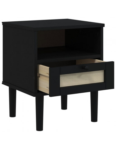 Comodino SENJA Nero Aspetto Rattan 40x35x48 cm in Legno di Pino