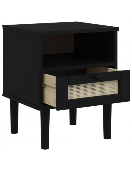 Comodino SENJA Nero Aspetto Rattan 40x35x48 cm in Legno di Pino