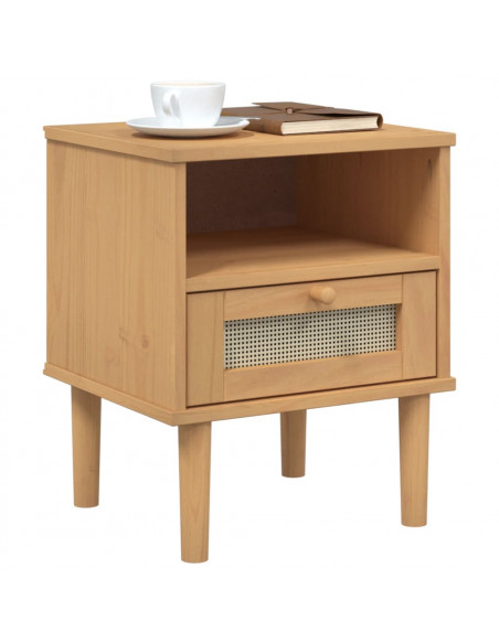 Comodino SENJA Marrone Aspetto Rattan 40x35x48 cm in Legno Pino