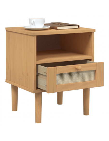 Comodino SENJA Marrone Aspetto Rattan 40x35x48 cm in Legno Pino