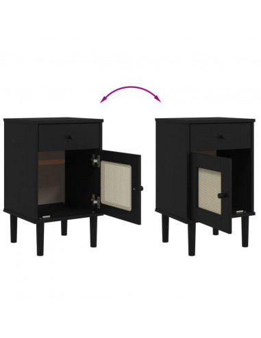 Comodino SENJA Aspetto Rattan Nero 40x35x65 cm in Legno Pino