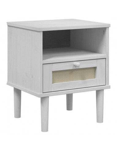 Comodino SENJA Bianco Aspetto Rattan 40x35x48 cm in Legno Pino