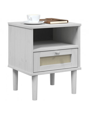 Comodino SENJA Bianco Aspetto Rattan 40x35x48 cm in Legno Pino