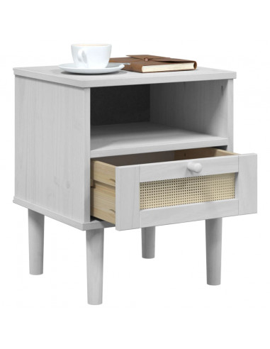 Comodino SENJA Bianco Aspetto Rattan 40x35x48 cm in Legno Pino