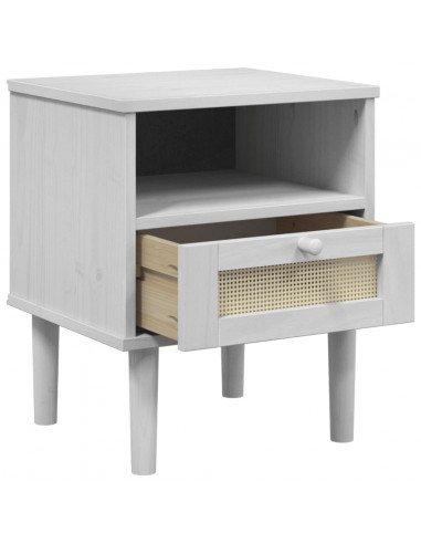 Comodino SENJA Bianco Aspetto Rattan 40x35x48 cm in Legno Pino