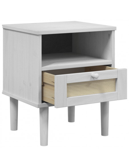 Comodino SENJA Bianco Aspetto Rattan 40x35x48 cm in Legno Pino
