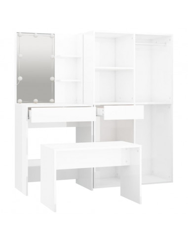 Set Tavolo da Toeletta Bianco Lucido con LED Legno Multistrato