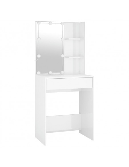 Set Tavolo da Toeletta Bianco Lucido con LED Legno Multistrato