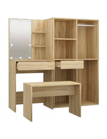 Set Tavolo da Toeletta con LED Rovere Sonoma Legno Multistrato