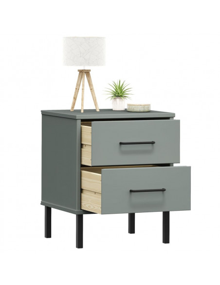 Comodino con Gambe in Metallo Grigio Legno Massello Pino OSLO
