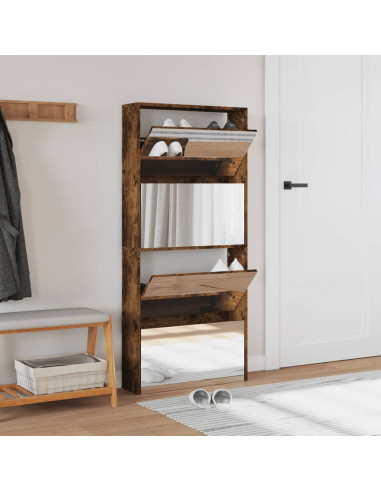 Scarpiera con Specchio a 4 Livelli Rovere Fumo 63x17x134 cm