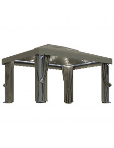 Gazebo con Tende e Stringa di Luci LED 4x3 m Grigio Talpa 2