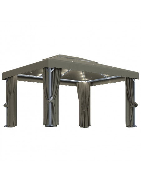 Gazebo con Tende e Stringa di Luci LED 4x3 m Grigio Talpa