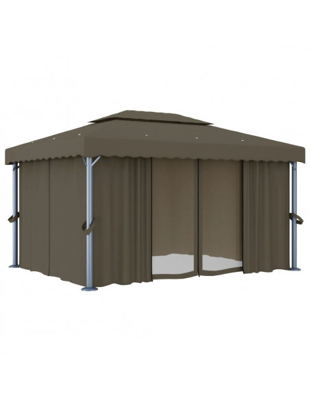 Gazebo con Tende e Stringa di Luci LED 4x3 m Grigio Talpa
