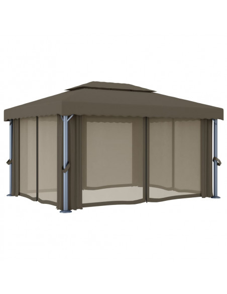 Gazebo con Tende e Stringa di Luci LED 4x3 m Grigio Talpa
