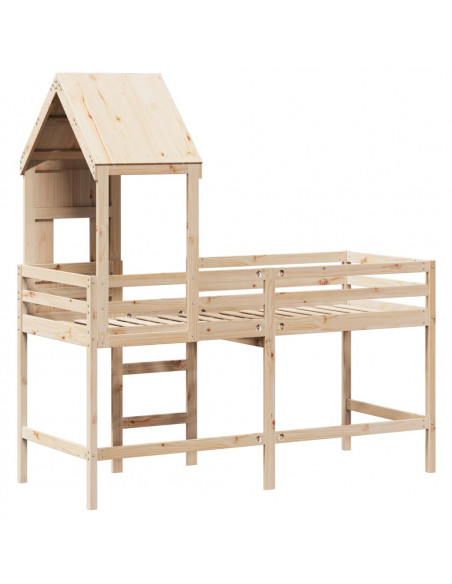 Letto Soppalco con Scala e Tetto 80x200 cm Legno Massello Pino