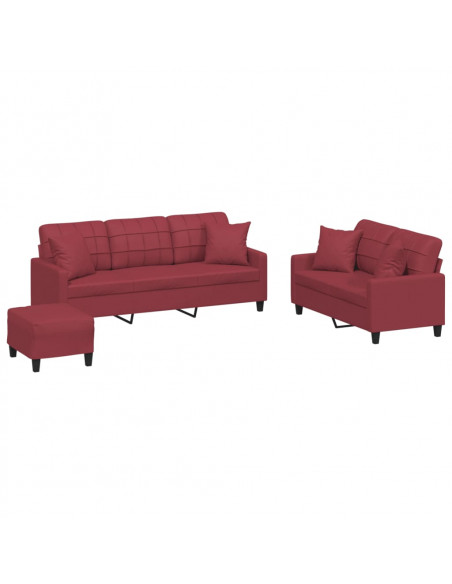 Set di Divani 3 pz con Cuscini Rosso Vino in Similpelle