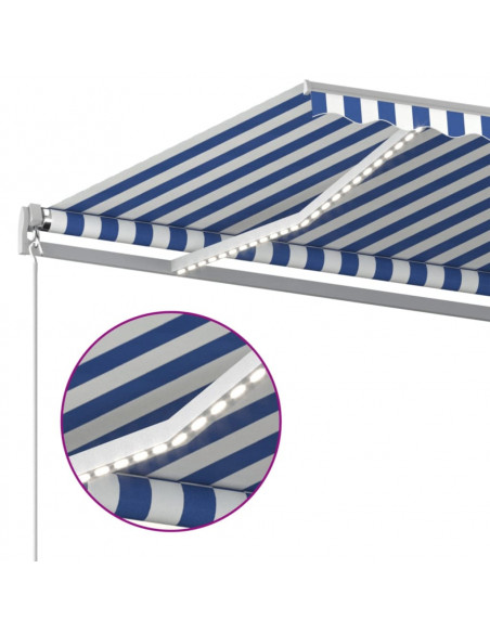Tenda da Sole Retrattile Manuale con LED 600x350 cm Blu Bianco