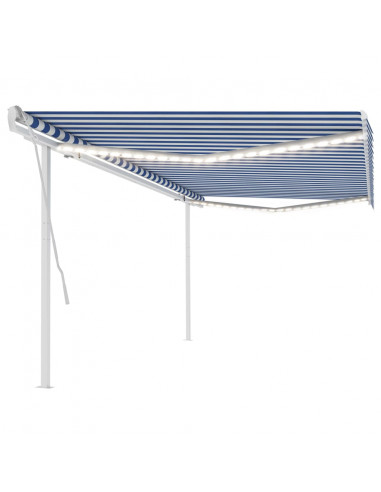 Tenda da Sole Retrattile Manuale con LED 5x3 m Blu e Bianca