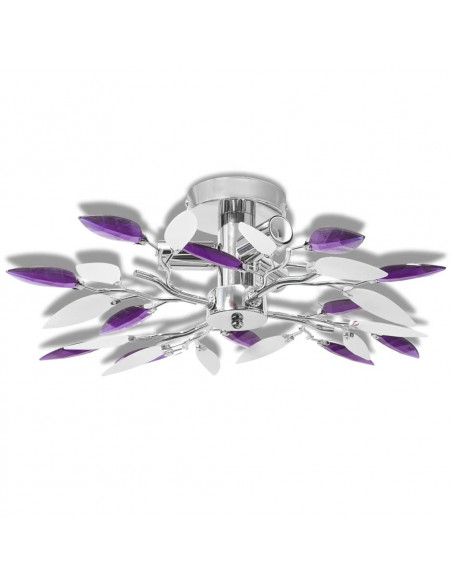 Lampada Soffitto Foglie Bianco e Viola Cristallo Acrilico 3xE14