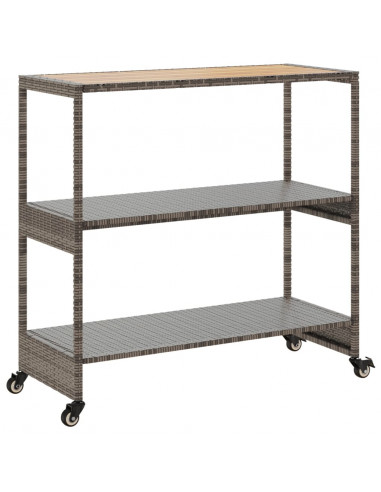 Carrello da Bar 3 Livelli Grigio Polyrattan e Massello Acacia