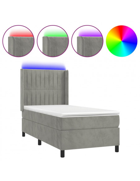 Letto a Molle Materasso e LED Grigio Chiaro 90x200 cm Velluto