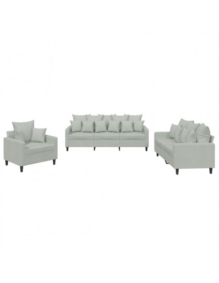 Set di Divani 3 pz con Cuscini Grigio Chiaro in Velluto