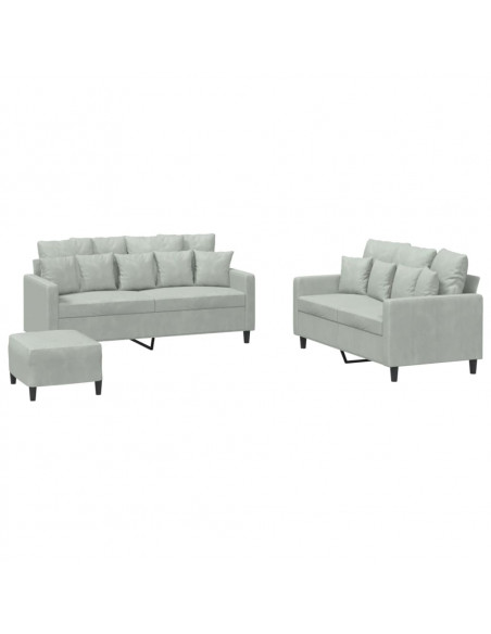 Set di Divani 3 pz con Cuscini Grigio Chiaro in Velluto