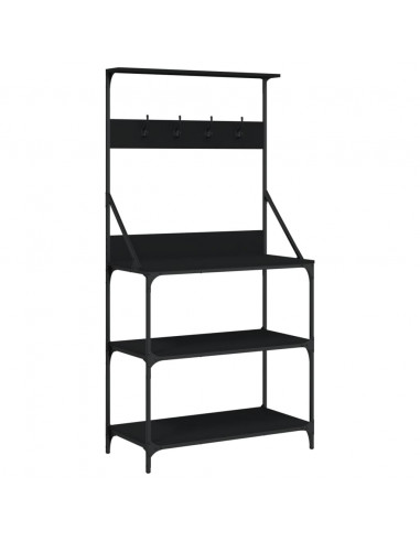 Scaffale da Cucina con Ganci 4 Ripiani Nero Legno Multistrato