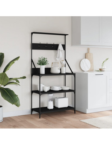 Scaffale da Cucina con Ganci 4 Ripiani Nero Legno Multistrato