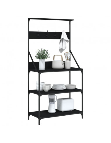 Scaffale da Cucina con Ganci 4 Ripiani Nero Legno Multistrato