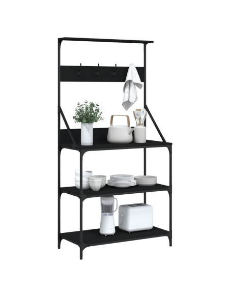 Scaffale da Cucina con Ganci 4 Ripiani Nero Legno Multistrato