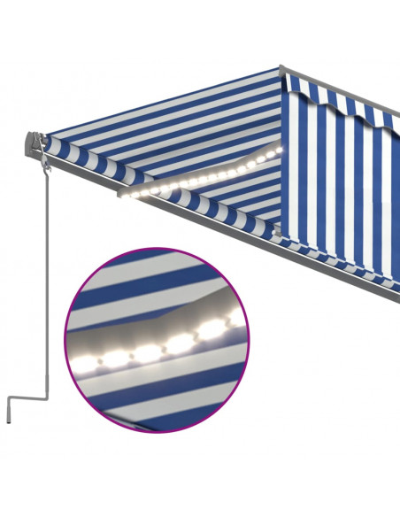 Tenda Automatica Parasole LED Sensore Vento 5x3 m Blu Bianco