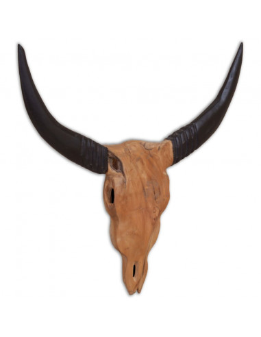 Scultura Teschio di Toro da Parete in Teak 69x6x60 cm