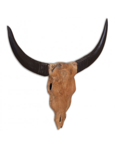 Scultura Teschio di Toro da Parete in Teak 69x6x60 cm