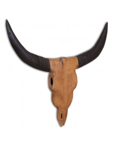 Scultura Teschio di Toro da Parete in Teak 69x6x60 cm