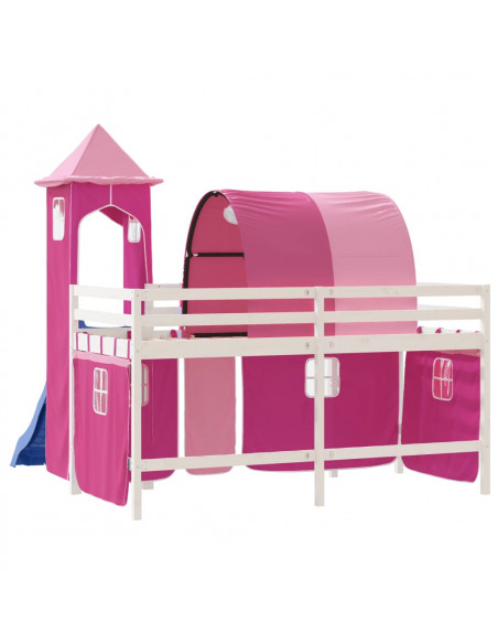 Letto a Soppalco con Torre Bambini Rosa 90x190cm Massello Pino