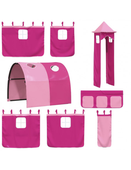 Letto a Soppalco con Torre Bambini Rosa 90x190cm Massello Pino