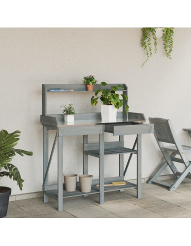 Panca Porta Vasi con Ripiani Grigia in Legno Massello di Abete