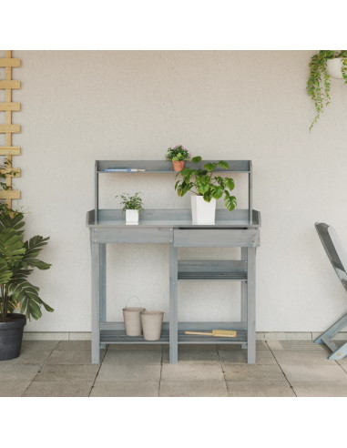 Panca Porta Vasi con Ripiani Grigia in Legno Massello di Abete