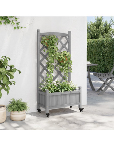 Fioriera con Traliccio e Ruote Grigia Legno Massello di Abete