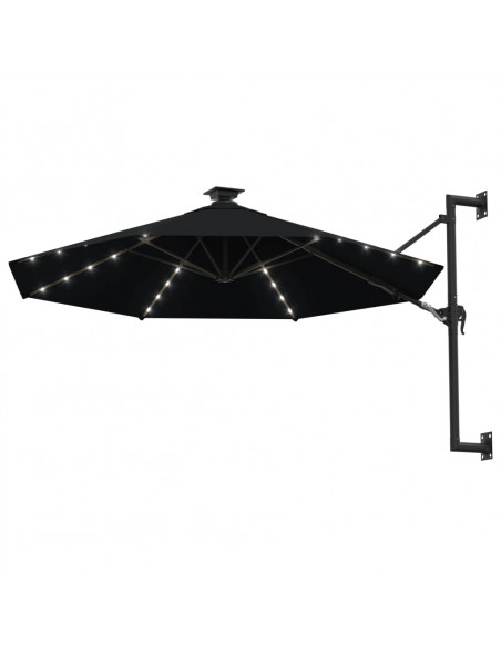 Ombrellone a Muro con LED e Palo in Metallo 300 cm Nero