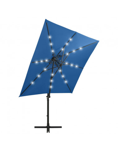 Ombrellone a Sbalzo con Palo e Luci a LED Azzurro 250 cm