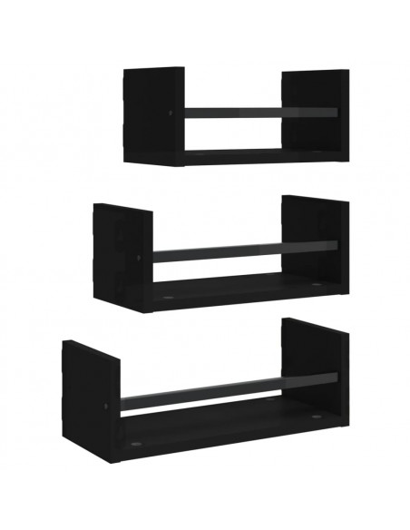 Set Mensole da Parete con Aste 3pz Nero in Legno Multistrato