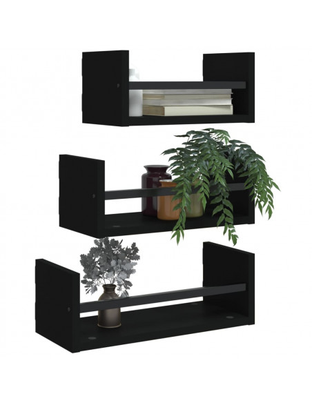 Set Mensole da Parete con Aste 3pz Nero in Legno Multistrato