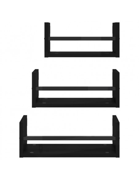 Set Mensole da Parete con Aste 3pz Nero in Legno Multistrato