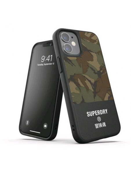 SUPERDRY APPLE iPHONE 12 MINI COVER IN TPU INTARSIATA IN TELA ANTI URTO CON LOGO SUPEDRY STAMPATO VERDE MIMETICO