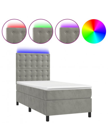 Letto a Molle Materasso e LED Grigio Chiaro 100x200 cm Velluto