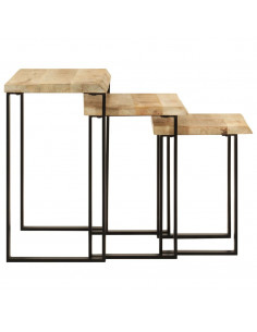 Tavolini a Incastro 3 pz Bordi Vivi in Legno Massello di Mango