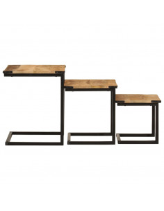 Tavolini a Incastro 3 pz in Legno Massello di Mango e Ferro